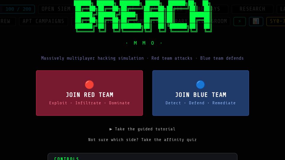 BREACH.MMO: the title screen, choose the red team or the blue team