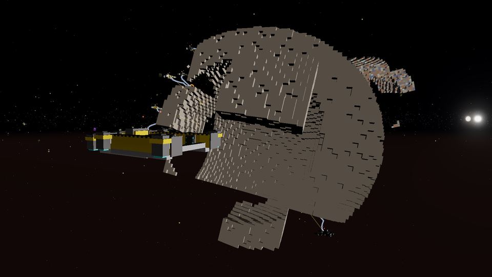 Cultures of the Belt: miner robots tethered to a carved voxel asteroid, a hauler docked alongside, the Sun on the horizon