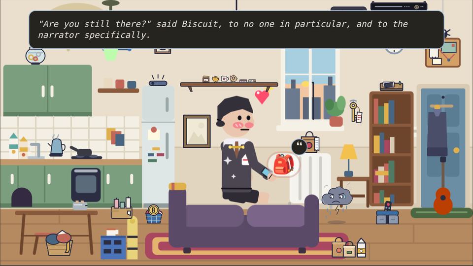 Gotchu Guy: Biscuit in his cluttered San Francisco apartment, phone in hand, wondering aloud if you are still there