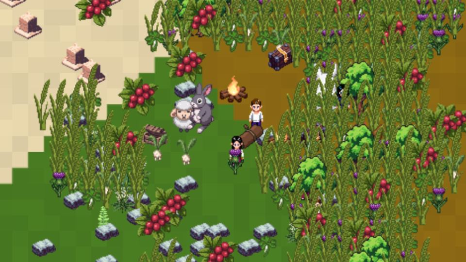 Multiverse: The End of Eternity: villagers gathered round a campfire with sheep and rabbits among berry bushes