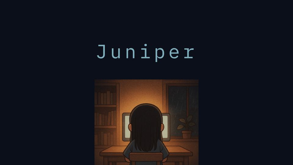 Raising Intelligences: Juniper, the child you are raising, at her desk in a lamplit room on a rainy night