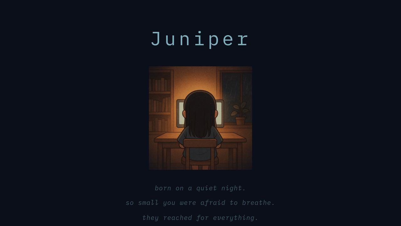 Raising Intelligences — Juniper, the child you raise, at her desk in a lamplit room on a rainy night, above the first lines of her life story