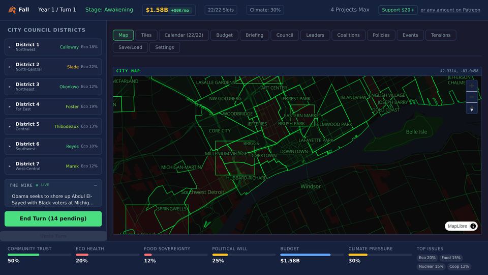 Solarpunk Detroit: the city council map of Detroit neighbourhoods with district trust and the city budget