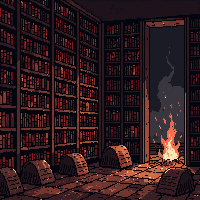 The same archive after a raid: shelves scorched, barrels overturned, fire at the open gate.