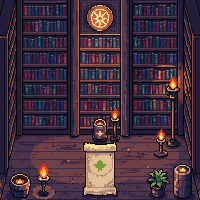An intact archive: shelves of bound volumes, lamplight, a reading stand.