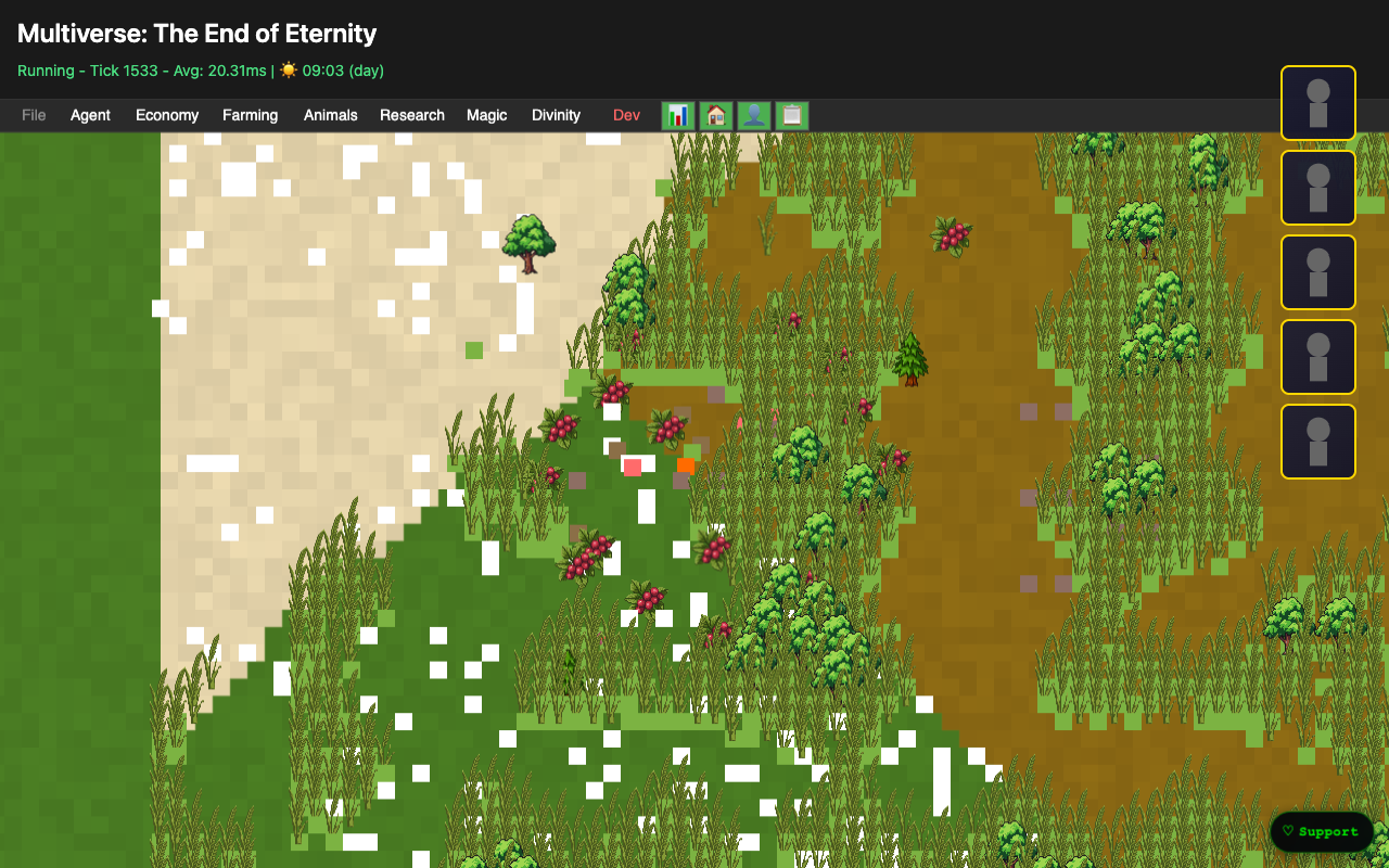 MVEE — a living village world running in real time with biomes, agents and system HUD