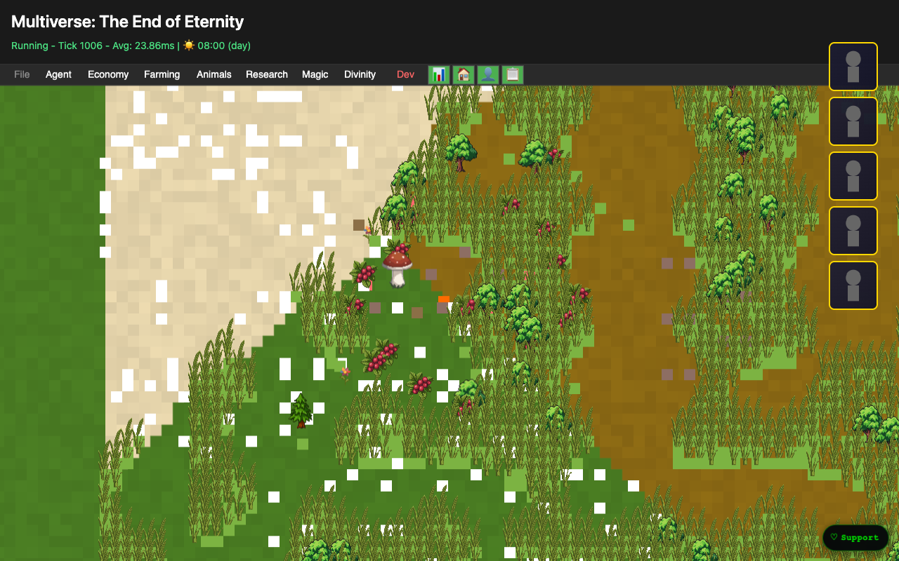 MVEE — close-up of the village world with agents, crops and structures