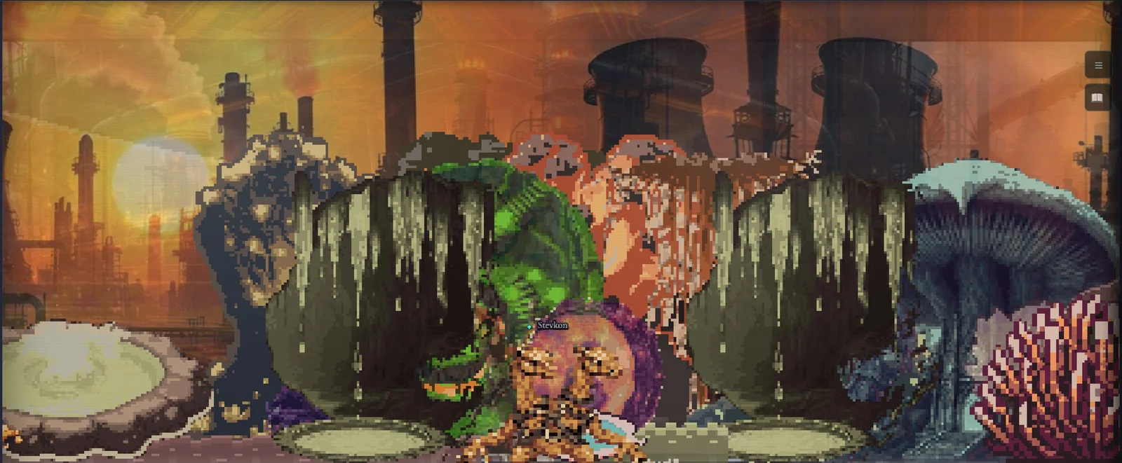 A warm, rust-coloured room with giant shells, mushrooms and glowing pools under industrial silhouettes.