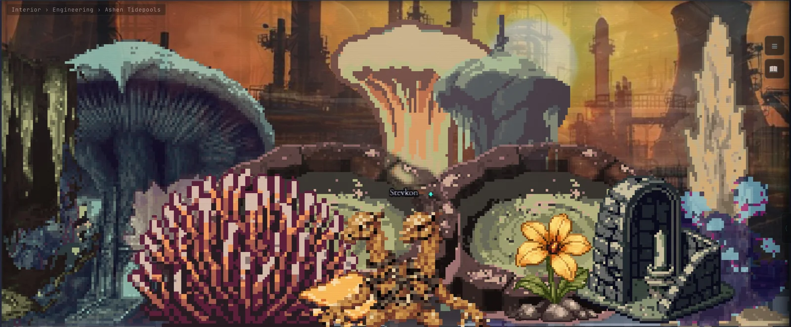 Stevkon, a two-headed golden Ettin, among giant mushrooms and coral in a rust-lit room.