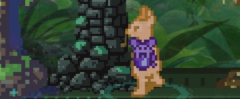 A tan Norn walking past a mossy stone pillar, a purple baby clinging to its chest.