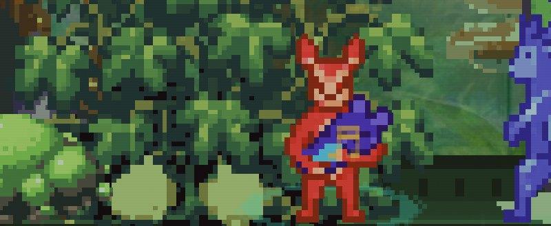 A red Norn cradling a sleeping blue baby in its arms.