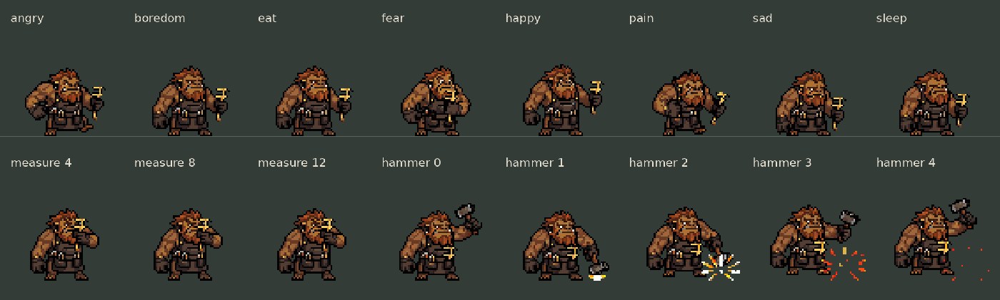 A sheet of a stocky Dvergar smith in a leather apron with a rust-red mane and a brass measuring tool. Top row: angry, boredom, eat, fear, happy, pain, sad, sleep. Bottom row: measuring three times, then swinging a hammer in five frames, with sparks.