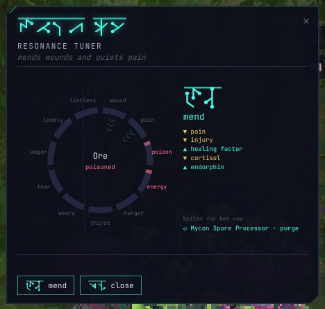 A dark machine console headed by a line of angular cyan glyphs, with the words Resonance Tuner, mends wounds and quiets pain. A ring of needs surrounds a Norn named Ore, marked poisoned. A list reads: mend, pain down, injury down, healing factor up, cortisol down, endorphin up. Below: better for her now, Mycon Spore Processor, purge.