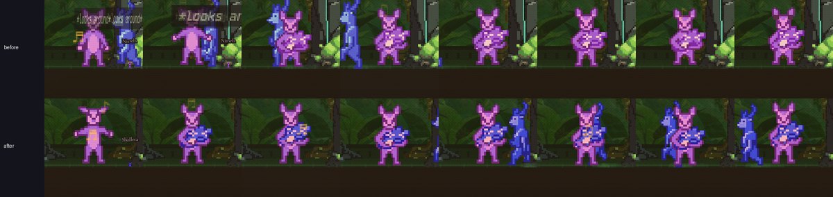 Two rows of frames of a pink Norn and a blue baby. Top row, labelled before: the lift happens abruptly. Bottom row, labelled after: the parent stands and the baby comes into its arms, then is cradled.