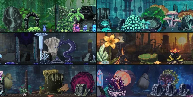 Six rooms from six different biomes, side by side
