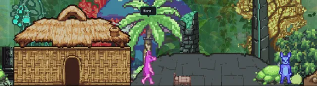 A thatched house and a stone hut standing in a jungle room