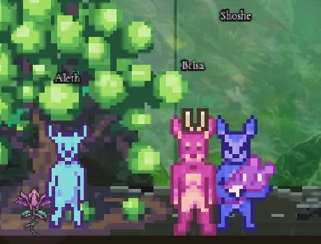 A pink adult carrying a newborn in its arms beside two other creatures