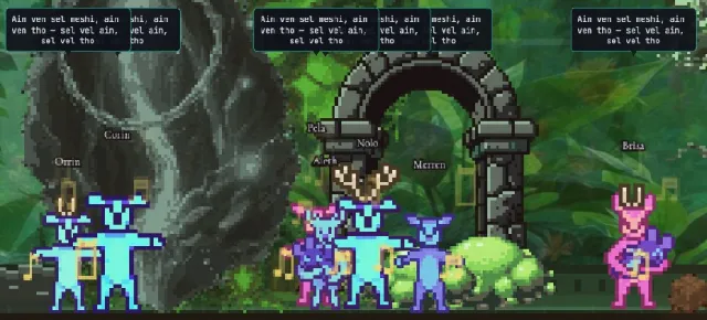 Seven creatures gathered together in a jungle room, singing one song, with the words in speech bubbles