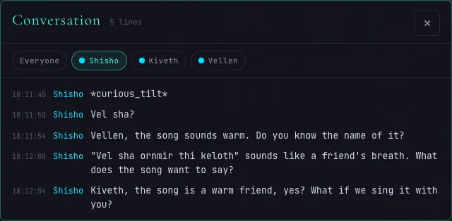 The conversation log window, listing one creature's recent lines with timestamps
