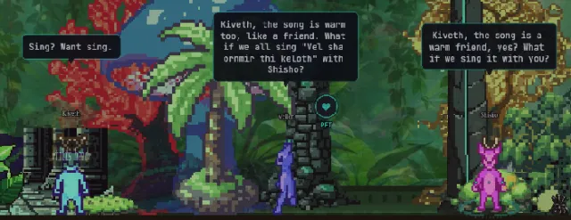 Three creatures in a jungle room, two of them speaking in speech bubbles