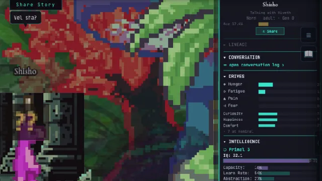 A creature beside its inspect panel, showing drive, intelligence and personality bars