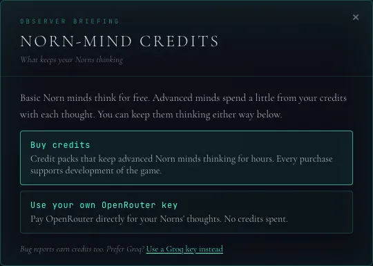 The credits window, offering to buy credits or use your own model key