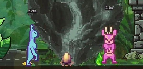 Two creatures in a jungle room with a freshly laid egg between them