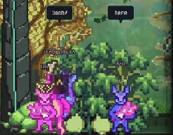 A young creature riding piggyback on an adult, beside another adult holding a baby