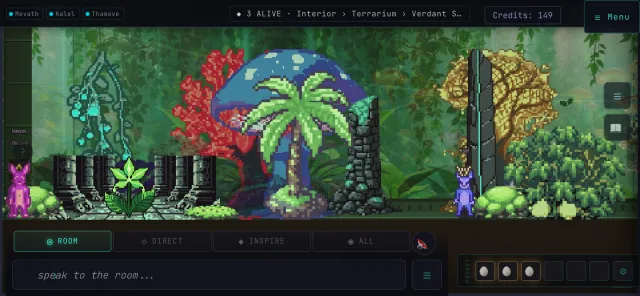 The game on a phone held sideways, creatures in a jungle room